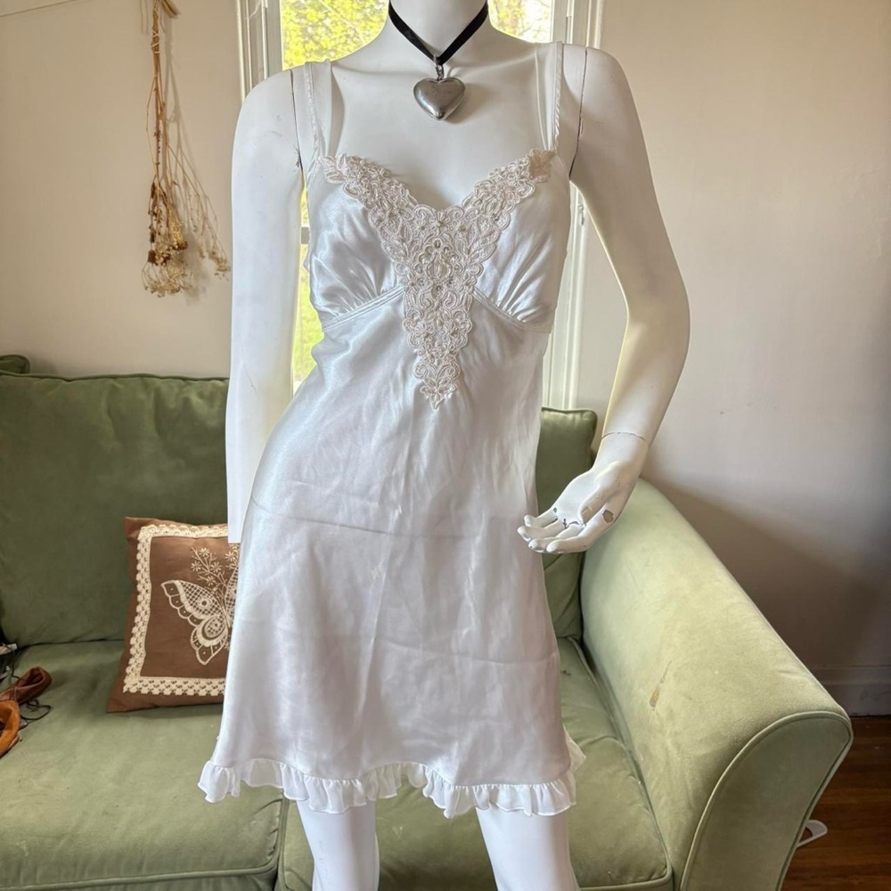 Satin Lace Beaded Trim Slip Dress in Ivory Linea Donatella